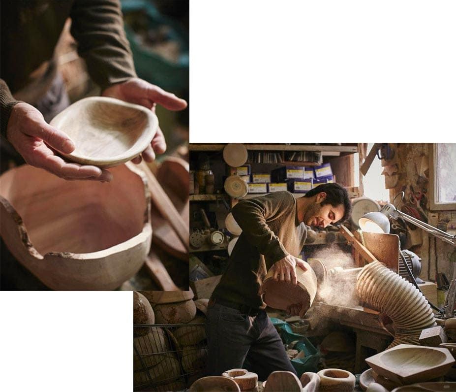 Guillaume Dubosq sculptant un saladier en bois d'olivier dans son atelier 